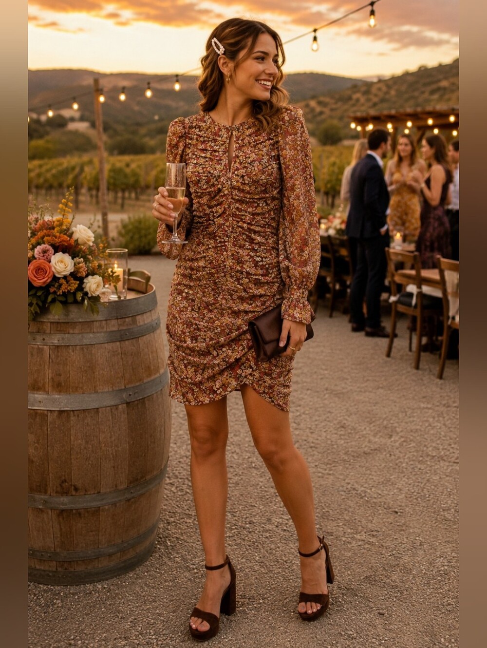 Bardot Brown Floral Ruched Mini Dress Puff Sleeve Tulip Hem Wedding Guest S